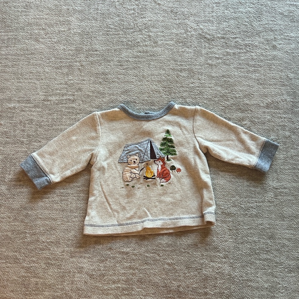 Cute Beige and Gray Baby Sweater with Fox and Bear Camping Design